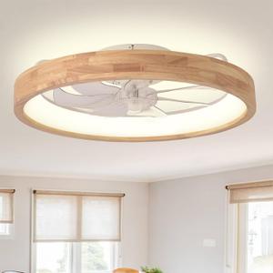 24'' Ceiling Fan with Light Fandelier Flush Mount Low Profile Wood Ceiling Fan with Dimmable LED Light 3 Color 6 Speeds