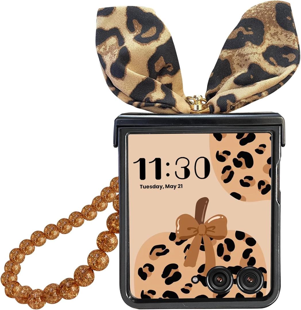 For Galaxy Z Flip 7 Case with Hinge Cover & Ring & Chain, Leopard Print Design Cute Z Flip 7 Phone Case for Women, Shock Absorbing Elegant PU Leather Phone Case for Samsung Galaxy Z Flip 7