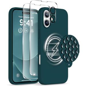 Magnetic for iPhone 16 Plus Case, Compatible with Magsafe, Suction Cup Phone Mount - 2 Screen Protectors - Camera Lens Protector, Silicone Shockproof Protective Phone Cover 6.7", Dark Green