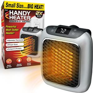 Ontel Handy Heater Turbo Wall Outlet Plug In Heater  Portable Indoor Ceramic Space Heater w/Adjustable Thermostat, 12-Hour Timer, Auto Shut Off, Quiet  Plug In Wall for Office, Bedroom, Camping