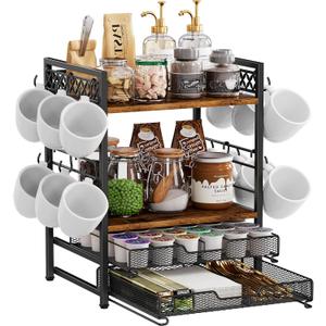 Coffee Bar Organizer Countertop Station Accessories, 4 Tier Mug Cup Holder with 12 Hooks, K Cup Coffee Pod Holder, Multifunctional Countertop Organizer for Kitchen