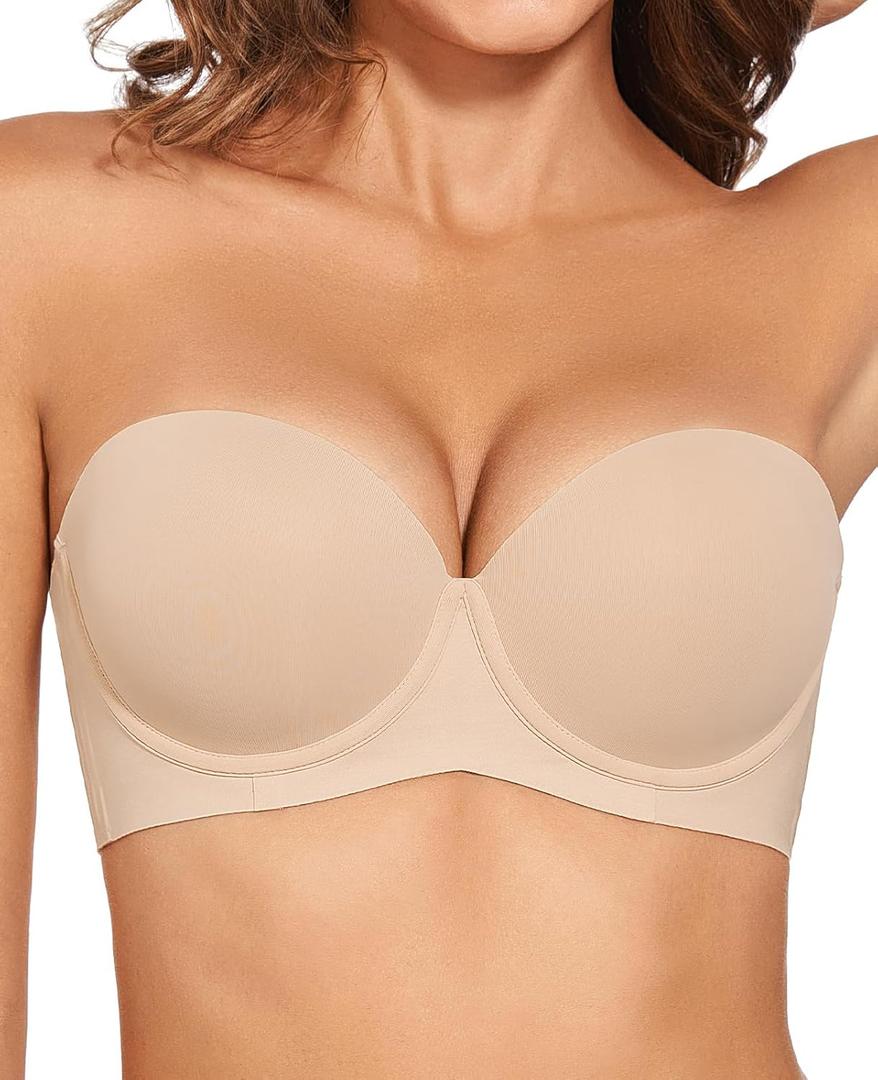 Upushall Strapless Push Up Bras for Women Thick Padded Balconette Seamless Convertible Bra for Small Chested Add a Cup (38D, Nude)