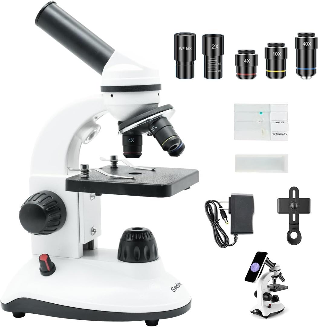 Microscope for Kids Starter Adults 64X-1280X Metal Monocular Microscope for Students School Home Education LED Lights Phone Holder Microscope Kit