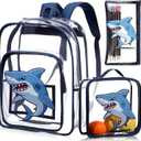 3 Pcs Kids Clear Backpack with Lunch Bag Pencil Case 16" Heavy Duty Transparent Bookbag for Boy Girl School Supplies(Shark,Navy)