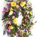 J'FLORU Spring Wreath 24 Inch Summer Wreaths for Front Door Artificial Flower Wreath with Daisy and Lavender for Indoor Outdoor and Easter Celebration