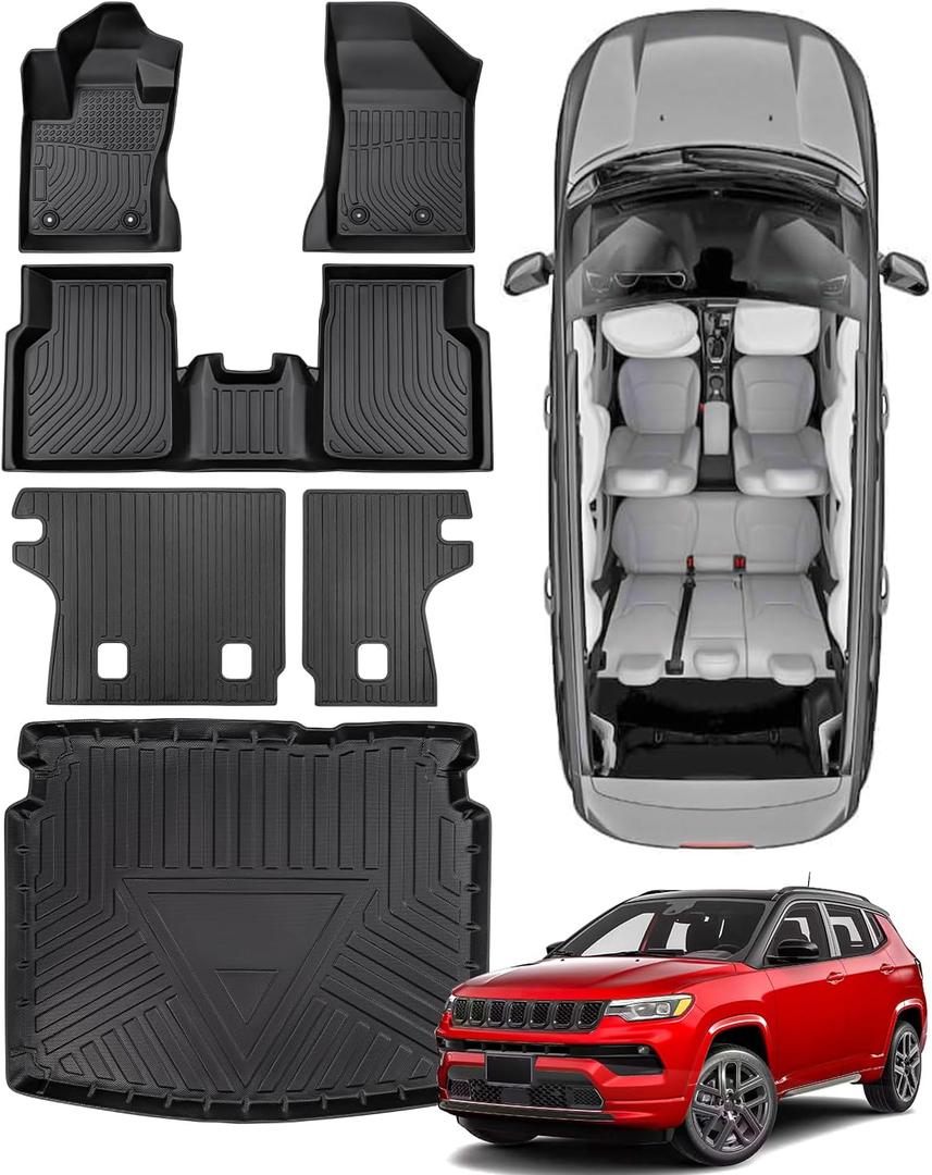 For Jeep Compass Floor Mats 2025 2024 2023 2022 2021 2020 2019 2018 2017, Full Set All Weather Cargo Liners Trunk with Backrest Mat Car Rubber Interior Accessories 2017-2025 Black