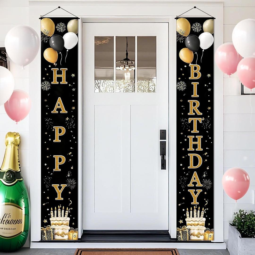Birthday Door Banner 12x71 Inch Vertical Hanging Decoration Gold Black Happy Birthday Letter Sign Polyester Entryway Welcome Party Backdrop Indoor Outdoor Door Panel Wall Display