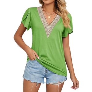 Cap Sleeve Summer Tops for Women Trendy Floral Print Casual V Neck T Shirts Petal Sleeve Blouses (Green, M)