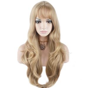 BERON 26 Inches Blonde Wig Long Wavy Wig Ash Blonde Wigs with Bangs for Women Gold Blonde Synthetic Wigs with Hairnet