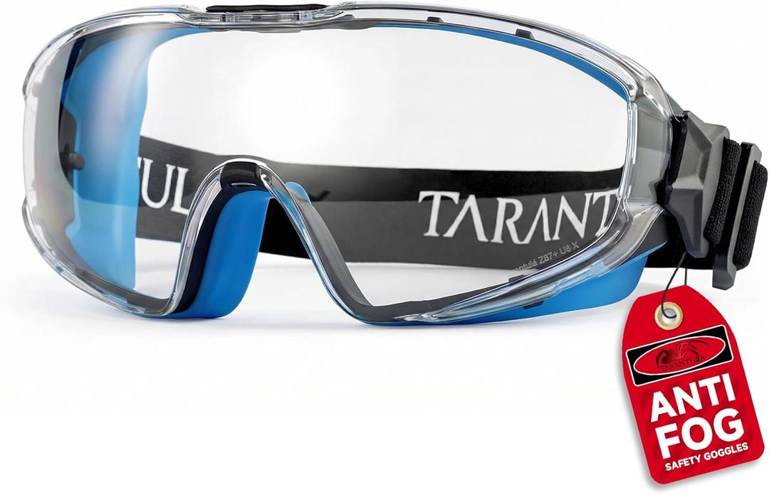 Tarantula ANSI Z87.1+ Safety Goggles Over Glasses, Anti-Fog & Anti-Scratch, Adjustable Strap, Lab Eye Protection, Woodworking (One Size, Clear & Blue)