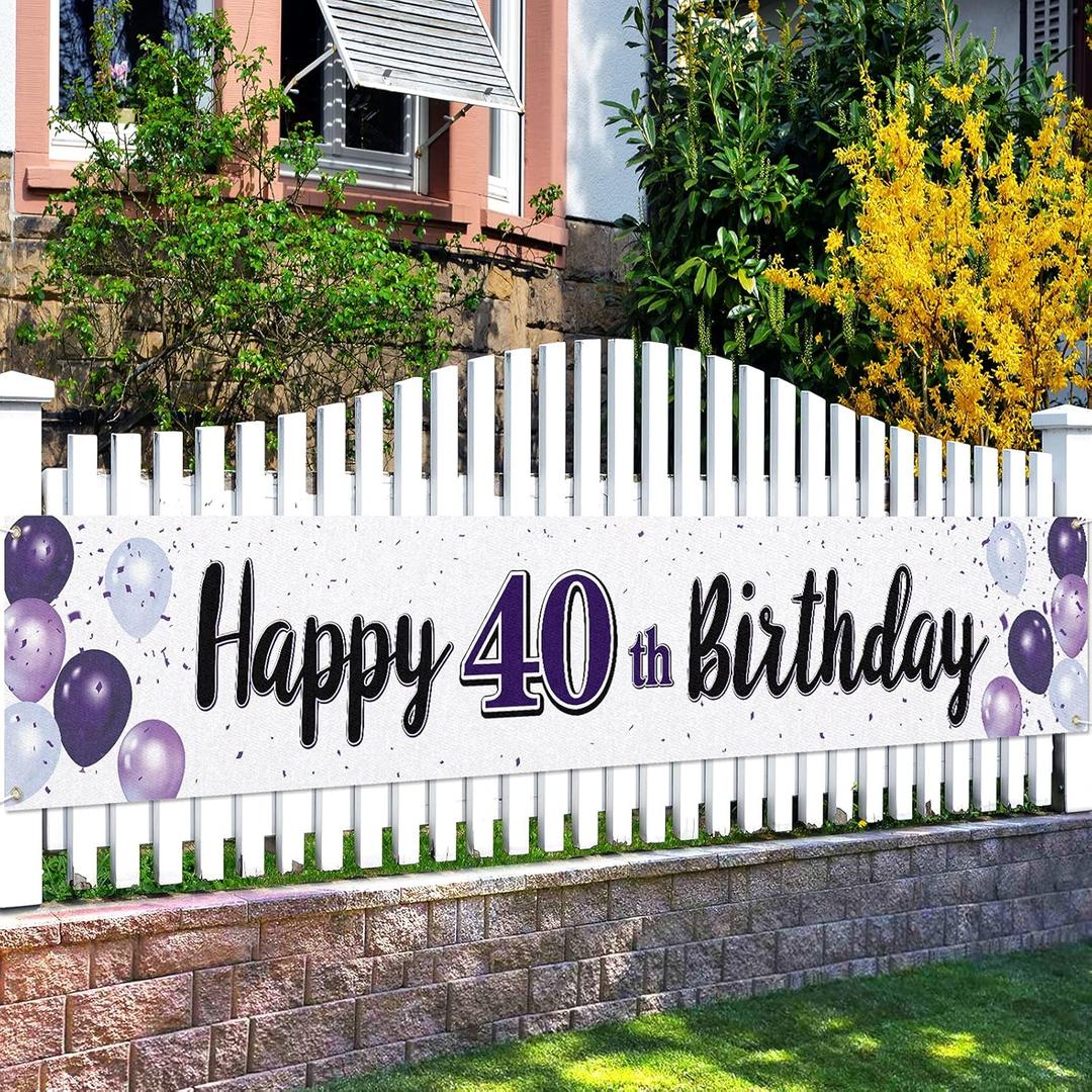 Happy 40th Birthday Decorations,40th Purple Balloon Large Birthday Hanging Banner Sign,Forty Years Old Bday Party Supplies.