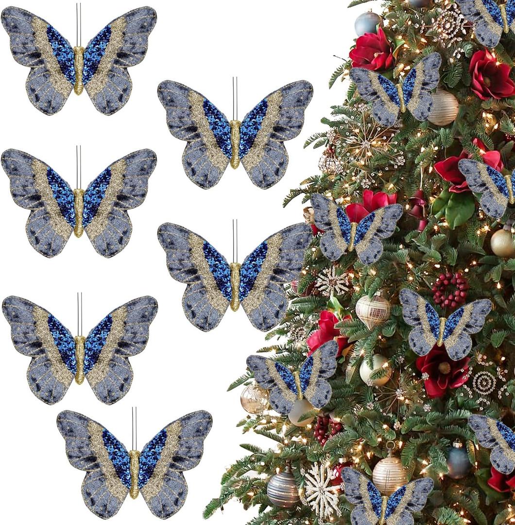 6Pcs Artificial Velvet Glitter Butterflies Clip-On Christmas Decorative Ornaments for Xmas Tree Decoration Crafts Wreath Festive Holiday Wedding Party Home Decor, 5.9 x 3.15 Inch (6, Blue)