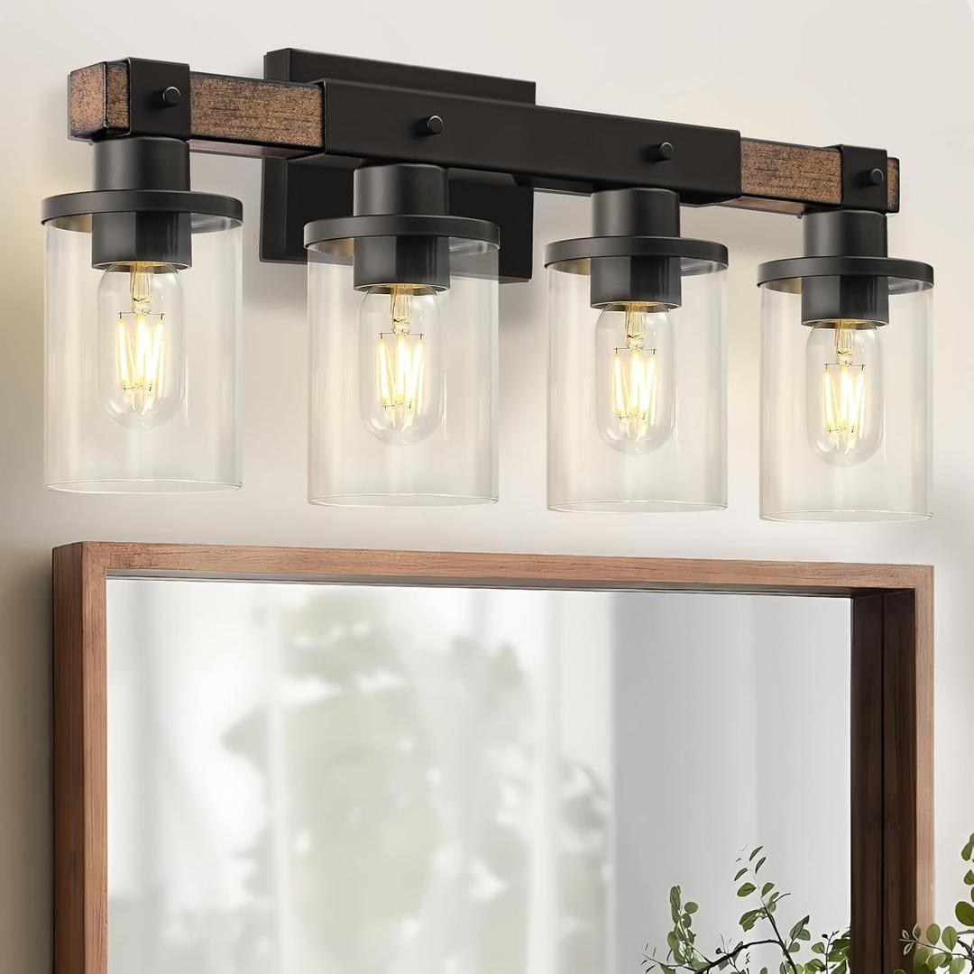 4-Light Bathroom Light Fixture, Farmhouse Vanity Lights for Bathroom with Glass Shade, Rustic Bathroom Light Fixtures, E26 Base F09BD05