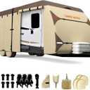 Umbrauto Travel Trailer RV Cover Upgraded 7-Layer Top Camper Cover, Waterproof & Windproof Trailer Cover for 30'-33' RV, Includes 4 Tire Covers, Tongue Jack Cover and Gutter Cover, Khaki 
