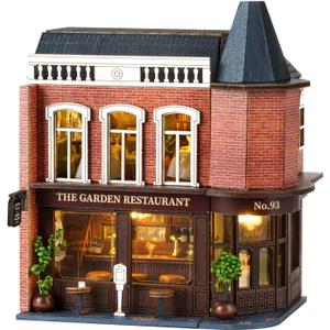 DIY Miniature House Kit, CUTEROOM Wooden Dollhouse Kit Mini House Making Kit with Furnitures, DIY Dollhouse Kit Birthday Gift (Garden Restaurant), D016-US