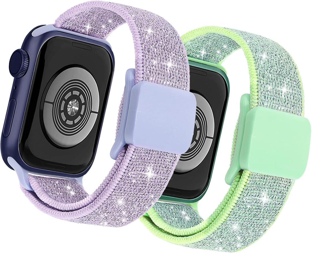 Stretchy Bands Compatible with Kids Apple Watch Band 38mm 40mm 41mm 42mm 44mm 45mm 46mm 49mm, Soft Elastic Glitter Strap for iWatch Series 10 9 8 7 6 5 4 3 SE SE2 SE3 Girls Boys (Teal+Purple)