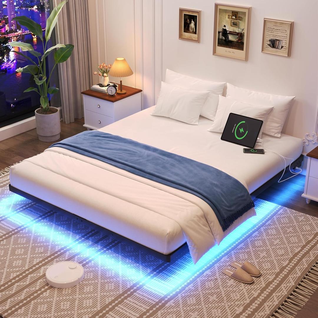 Floating Bed Frame King Size with Smart LED Lights and Charging Station, Heavy Duty Modern Metal Platform Bed No Box Spring Needed - Easy Assembly and Noise Free
