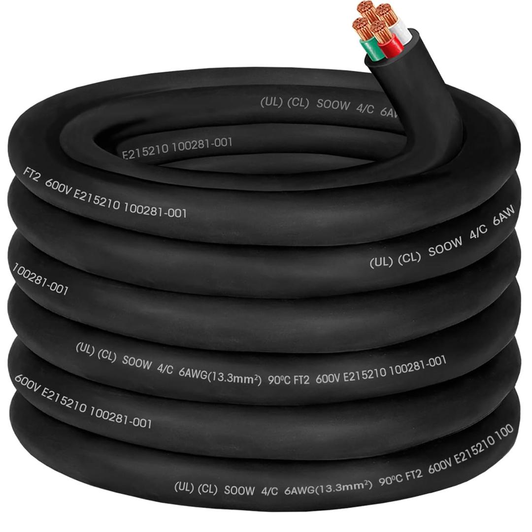 6/4 6 AWG Portable Power Cable 6 Gauge 600V SOOW Electric Wire 4 Conductor OFC 6 AWG Extension Cord Cable Wire for NEMA 14-50 Generator,Welder,RV Outlet Box,EV Battery Charger,Machinery-25ft
