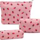 3 Pcs Makeup Bag Cosmetic Bag Set for Girls Women Travel Organizer Bathroom Toiletry Pouch Large Capacity Storage Bag (Strawberry Pink)
