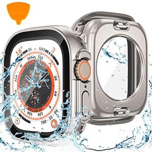Goton 2 in 1 Waterproof Case for Apple Watch Ultra Ultra 2 2024 Screen Protector 49mm, 360 Protective Glass Face Cover Hard PC Bumper + Back Frame for iWatch Ultra Accessories 49 mm, Titanium