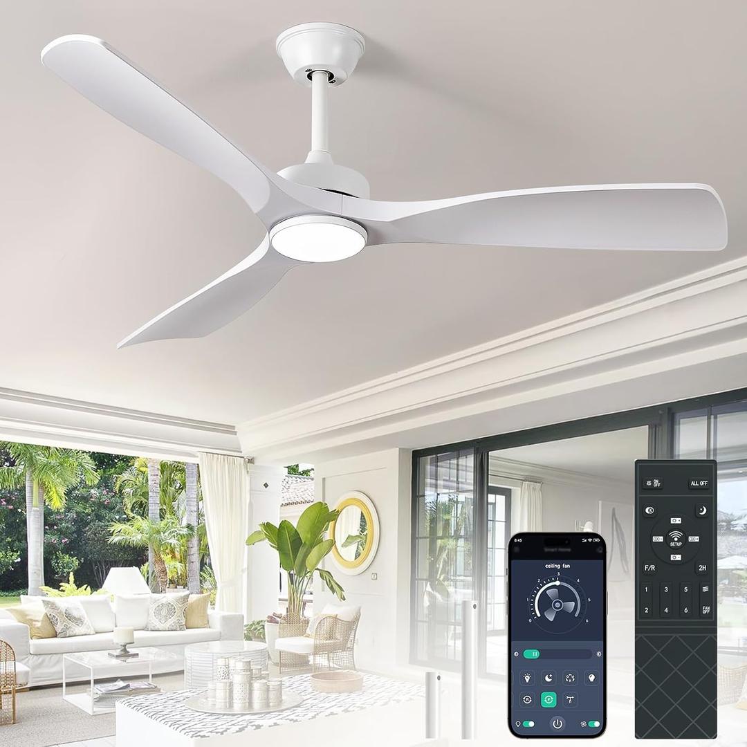 White Ceiling Fan with Light: 52-Inch Ceiling Fan 3 Blades Low Profile Outdoor - Modern Ceiling Fans with Remote APP Control Quiet Reversible DC Motor for Patio Living Room