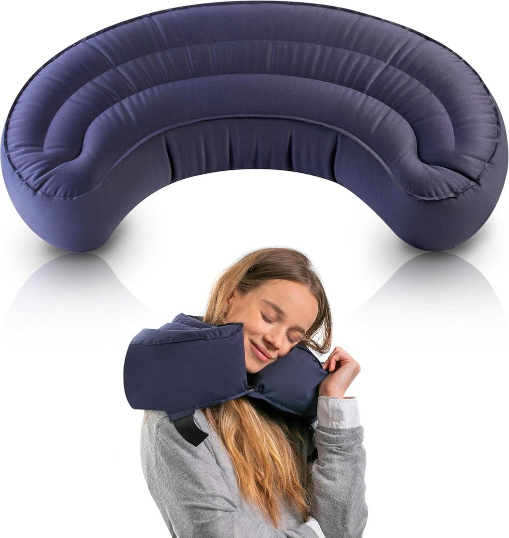 Air Bow Comfortable Travel Pillow - Airplane Pillow for Head, Neck, & Chin Rest, Inflatable & Soft Neck Pillow - Durable Material with Hygienic & Washable Cover, Easy to Inflate & Deflate (Blue)