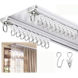 Ceiling Curtain Double Track Set 3ft-16.4ft/5 Meter White Double Curtain Track Ceiling Mount Heavy Duty Room Divider Adjustable Length Rails with Clips Hooks End Hook