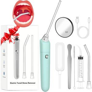 Electronic Tonsil Stone Remover Vacuum, Tonsil Stone Removal Kit with 3 Suction Modes, Include Oral lamp, Oral Irrigator, 5X Magnifying Mirror, Instant Suction Tonsil Stone Removal Tool (Green) ( Missing cable charger)