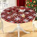 misaya Round Fitted Christmas Table Cover, Elastic Edged and Flannel Backed Tablecloth, Buffalo Plaid Vinyl Tablecloth with Snowflake Pattern, Fits 36"-44" Round Tables (Red & Black)
