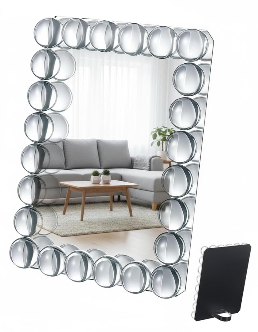 9.45 x 7.09 Inch Vanity Table Mirror Bubble Crystal Framed Desk Makeup Mirror Beaded Standing Room Decor for Dressing Tabletop Living Room Bedroom Office Home