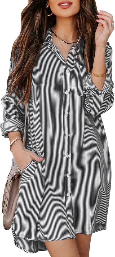 Womens Button Down Shirt Dresses with Pockets Cotton Striped Shirts Collared Tunics Long Sleeve High Low Blouse Tops-Black Striped 3XL