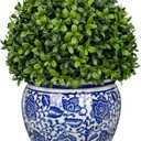 DILATATA Artificial Topiary Boxwood Ball in Blue and White Ceramic Pot, 10 Inch Artificial Boxwood in Planters Decorative Fake Greenery for Table Centerpiece Indoor Plant Home Decor - Medium