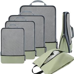 BAGAIL 6 Set Compression Packing Cubes Travel Accessories Expandable Packing Organizers (Half Mesh, 6-Matcha Green)