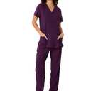 floralhue Scrubs for Women, V-Neck Scrubs Top & Cargo Pants, Scrubs Set with 10 Pockets, Yoga Waistband, 4 Way Stretch, Dark Purple, Large
