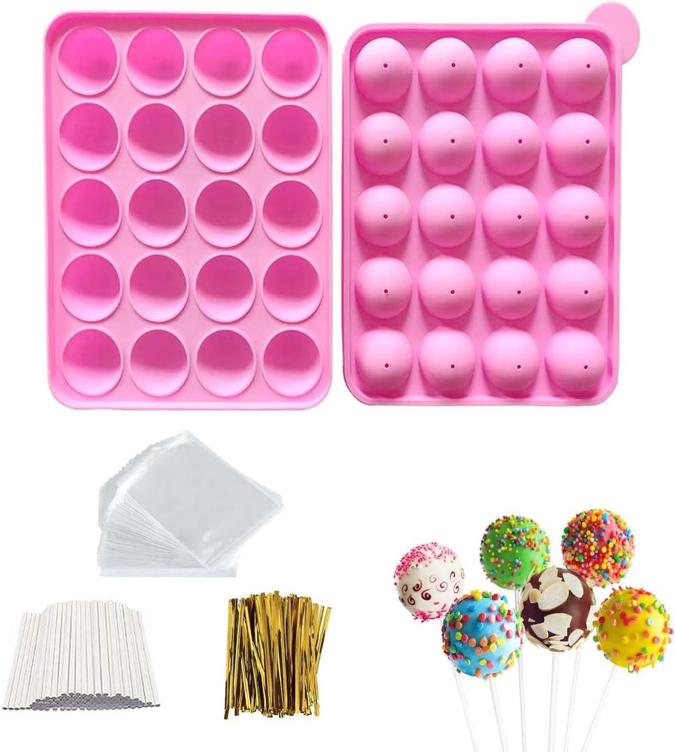 Silicone Cake Pop Molds, 20 Cavity Lollipop Molds with 100pcs Cake Pop Sticks 100pcs Candy Treat Bags 100pcs Gold Ties, Cake Pop Kit for Lollipop Chocolate Making and Packing