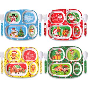 Jinei 4 Set Christmas Divided Dinnerware Set with Fork and Spoon Santa Gingerbread Man Xmas Dinner Plate Snowman Melamine Dinnerware Divided Plates Christmas Baby Feeding Dishes Dishwasher Safe