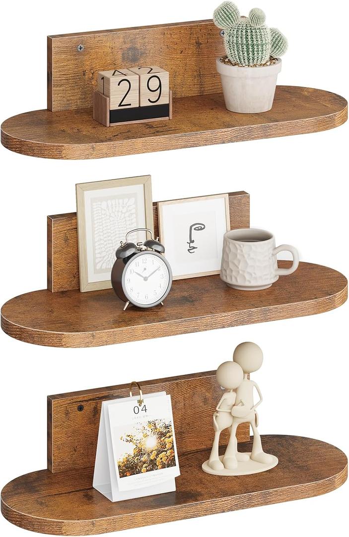 Leadpro Wooden Floating Shelves for Wall, Floating Shelf for Bedroom Kitchen Decor, Wall Mounted Rustic Farmhouse Wood Shelf for Books, Plants, Set of 3(Rustic Brown, S (Round))