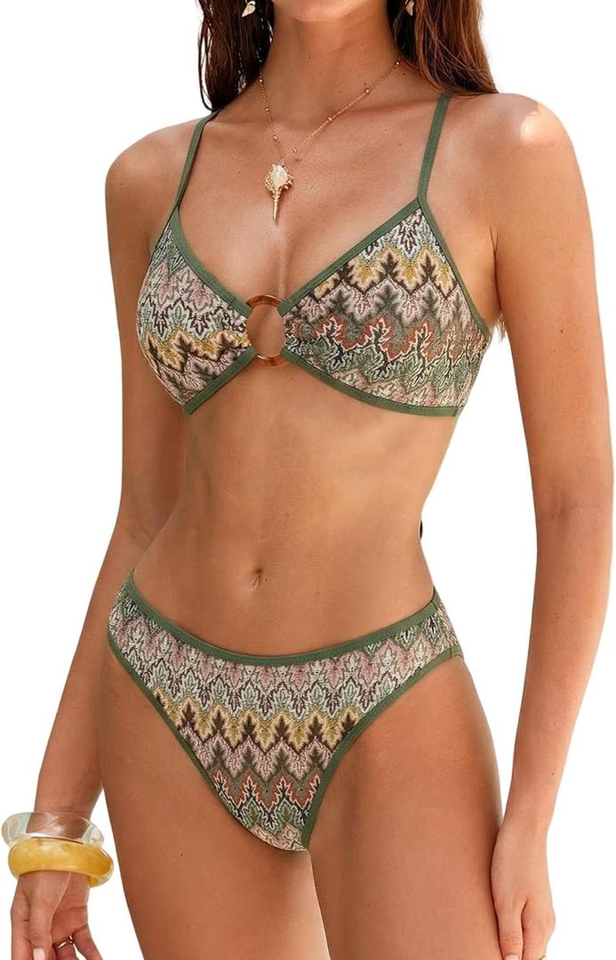 ZAFUL O Ring Bikini Sets for Women Lace Up Swimsuits High Cut Swimwear Contrast Stripe 2 Piece Bathing Suits, Large