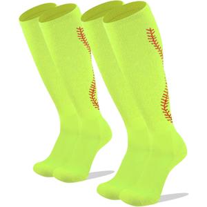 Youper Softball Socks w/Stitches for Youth Girls & Adult Women (2 Pairs) (Medium, Neon Yellow/Red)