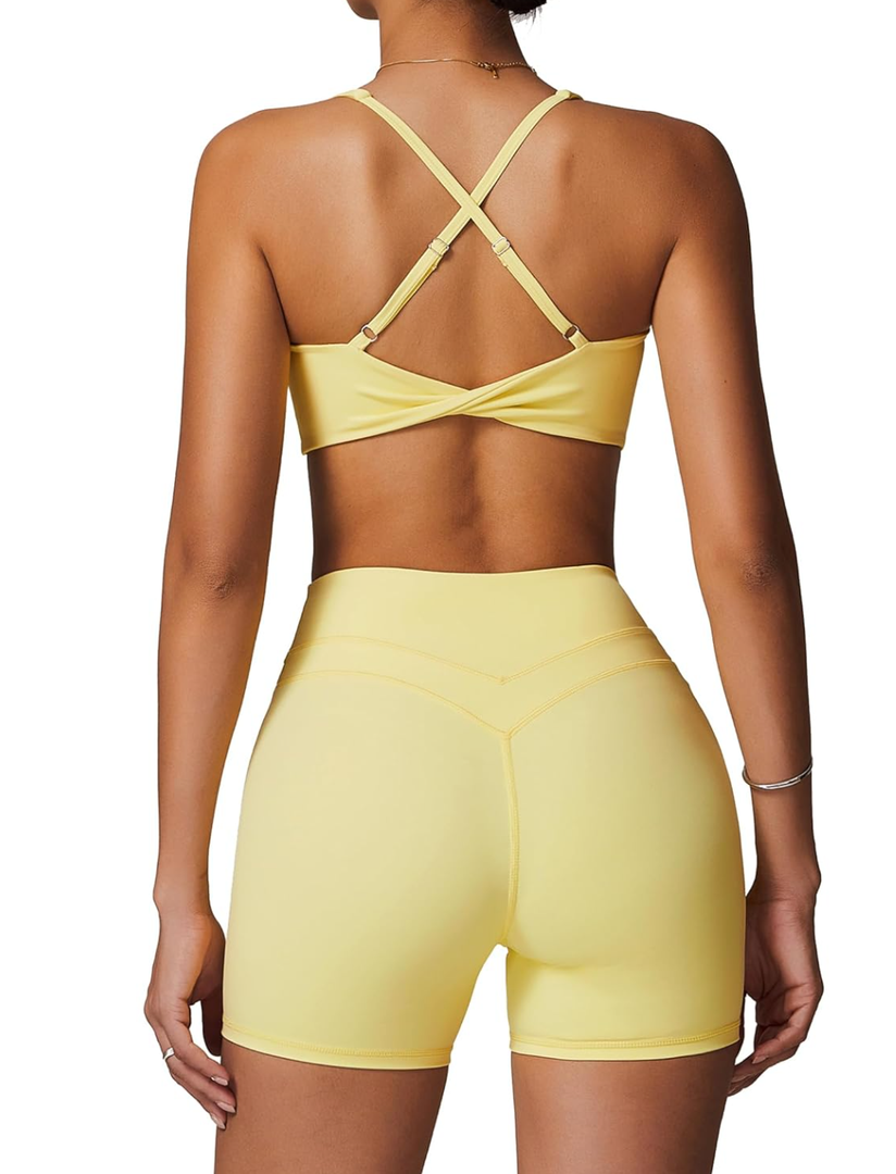 Womens Workout Sets Cross Back Sports Bras Matching High Waist Biker Shorts Yoga Jogger Outfits Work Out Clothes, (Yellow, Small)