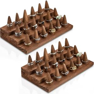 Juexica 2 Pcs Wooden Ring Display Ring Holder Display Stand for Jewelry Wood Jewelry Counter Showcase 3 Step Rings Organizer for 18 Rings Storage Selling (Brown)