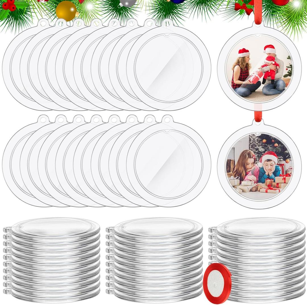 60 Pcs 2025 Christmas Clear Round Frame Ornaments with Red Ribbon, Acrylic Blank Round Photo Frame Bulk, Hanging Photo Ornaments for Christmas Tree Decoration (Classic Style)