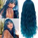 Netgo Teal Wig for Women, Dark Blue Wig with Bangs, Long Fluffy Curly Wavy Blue Hair Wigs for Girl Synthetic Daily Cosplay Party Wigs