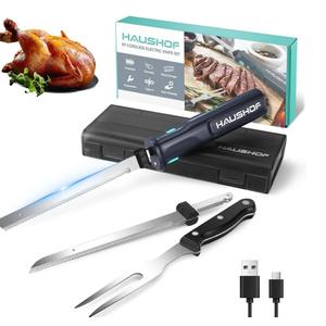 HAUSHOF Cordless Electric Knife Set for Meat Slicing, 8V Electric Carving Knife for Fish, Bread, Turkey, Rechargeable Meat Cutter with Reciprocating Stainless Steel Blades, Safety Lock & Storage Case