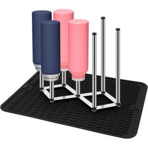 Stainless Steel Bottle Drying Rack with Non-Slip Silicone Mat,  Foldable Water Bottles Dryer Stand for Cups, Tumblers, Wine Glasses & Baby Bottles, Space-Saving Countertop Bottle Rack Organizer
