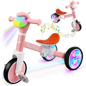 Toddler Balance Bike with Light Wheels & Music Front, Tricycle for Toddlers 1-5 Year Olds, Toddler Tricycle for Boys Girls, Kids Bicycle Birthday Gifts for Kids (Flash Wheel Pink)
