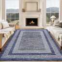 GarveeHome Modern Geometric Area Rug 5x7 Distressed Bordered Rug Washable Non Slip Floor Carpet Non Shedding Thin Rug, Soft Low Pile Rug, Contemporary Blue Rug for Dining Room, Living Room