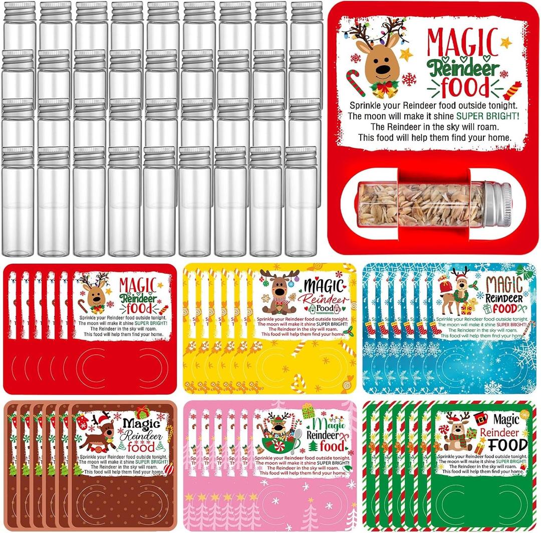 Vesici 36 Set Christmas Reindeer Food Glass Jar with Lid and Paper Card Christmas Eve Gift Container Small Glass Bottle for Snacks Candy Xmas Party Favor