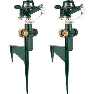 2 Packs Spike Sprinklers for Yard, Impact Sprinkler on Metal Step Spike Base, Adjustable Zinc Alloy Water Sprinkler for 360 Degree Large Area Yard Garden Lawn Irrigation