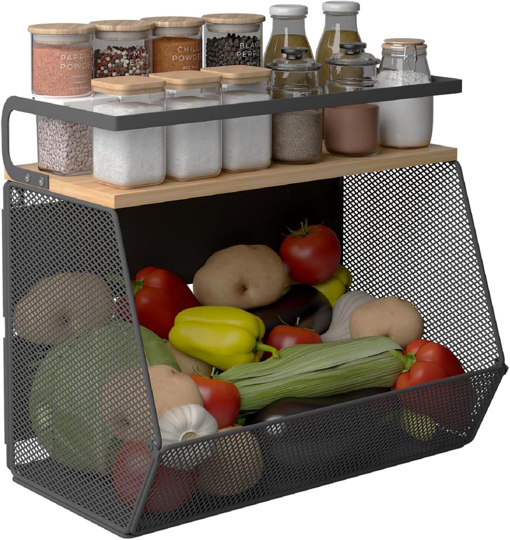 Magnetic Shelf for Fridge with Wide & Thick Magnet, 1 Pack Refrigerator Organizer Basket with Bamboo Top, Storage for Fruit, Potato, Onion, Kitchen, Pantry, Laundry (Black, M)